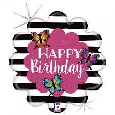 Happy Birthday mit Streifen und Schmetterlingen; schwarz, weiß und magenta, 45 cm