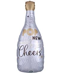 Silberfarbene Sektflasche - New Year! ; silber, schwarz, gold, 80 cm; Silvesterdeko