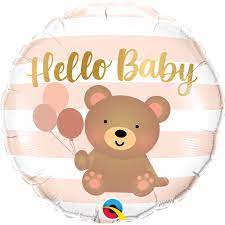Folienballon Hello Baby mit Teddy und Luftballons