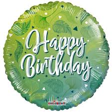 Folienballon Happy Birthday in grün mit Blätter, 45 cm, rund