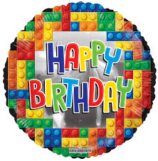 Folienballon Happy Birthday mit Legosteinen, 45 cm, rund