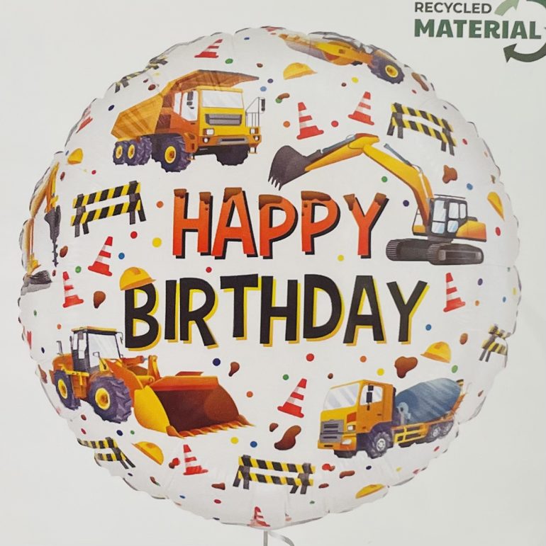 Folienballon Happy Birthday mit Baufahrzeugen; rund; 45cm
