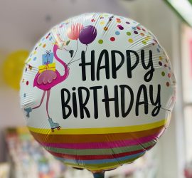 Folienballon HAPPY BIRTHDAY mit lustigem Flamingo; rund; 45cm