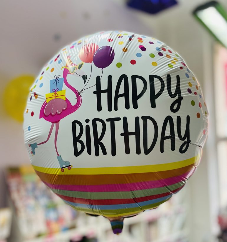 Folienballon HAPPY BIRTHDAY mit lustigem Flamingo; rund; 45cm