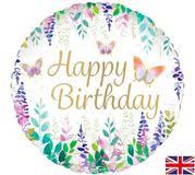 Folienballon Happy Birthday mit Blumen und Schmetterlingen; 45cm; rund