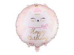 Folienballon Happy Birthday mit Partykatze; 45cm; rund